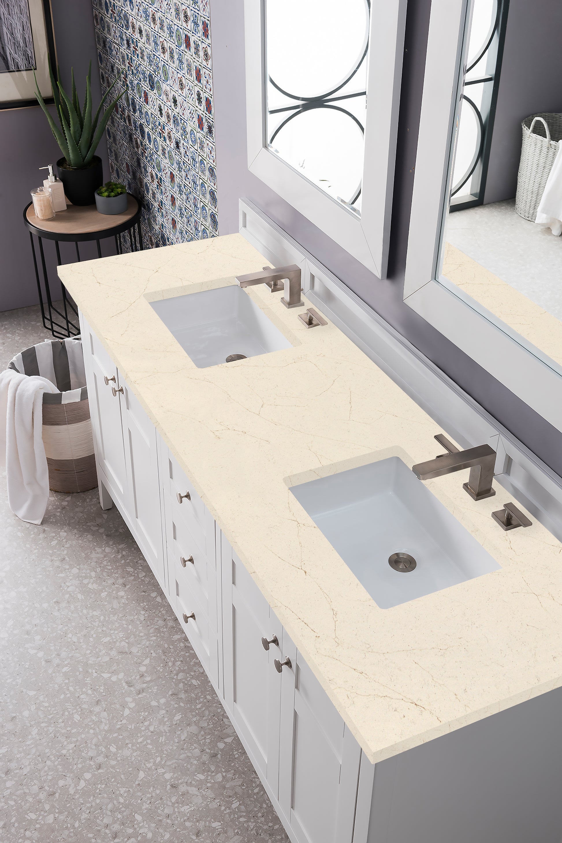Palisades 72" Double Vanity, Bright White, w/ 3 CM Eternal Marfil Quartz Top James Martin Vanities