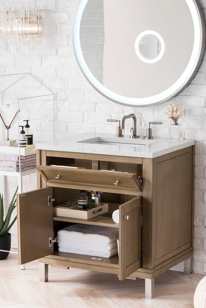 Chicago 30" Single Vanity, Whitewashed Walnut w/ 3 CM Eternal Jasmine Pearl Quartz Top James Martin Vanities