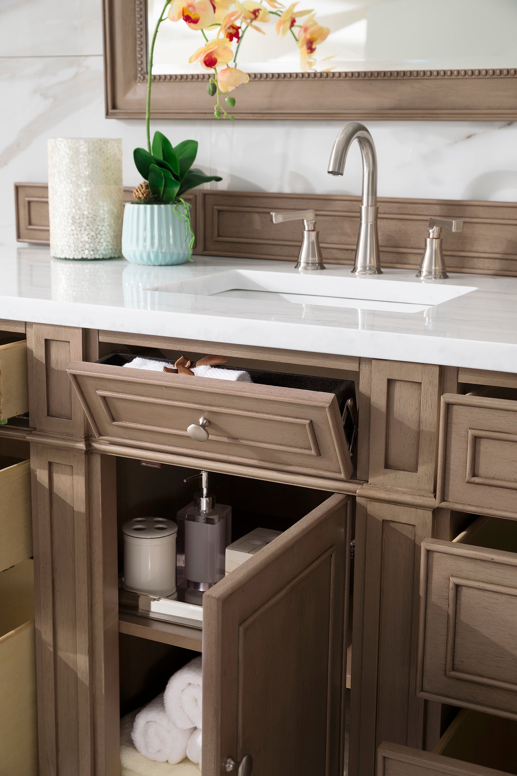 Bristol 60" Single Vanity, Whitewashed Walnut, w/ 3 CM Arctic Fall Solid Surface Top James Martin Vanities