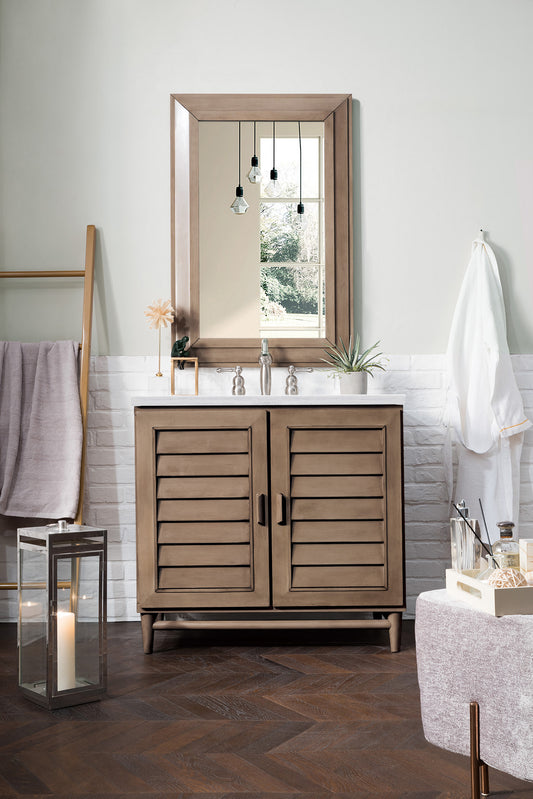 Portland 36" Single Vanity Whitewashed Walnut w/ 3 CM Arctic Fall Solid Surface Top James Martin Vanities