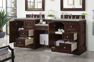 De Soto 82" Double Vanity Set, Burnished Mahogany w/ Makeup Table, 3 CM Eternal Serena Quartz Top James Martin