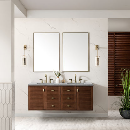 Amberly 60" Double Vanity, Mid-Century Walnut w/ 3CM Carrara Marble Top James Martin Vanities