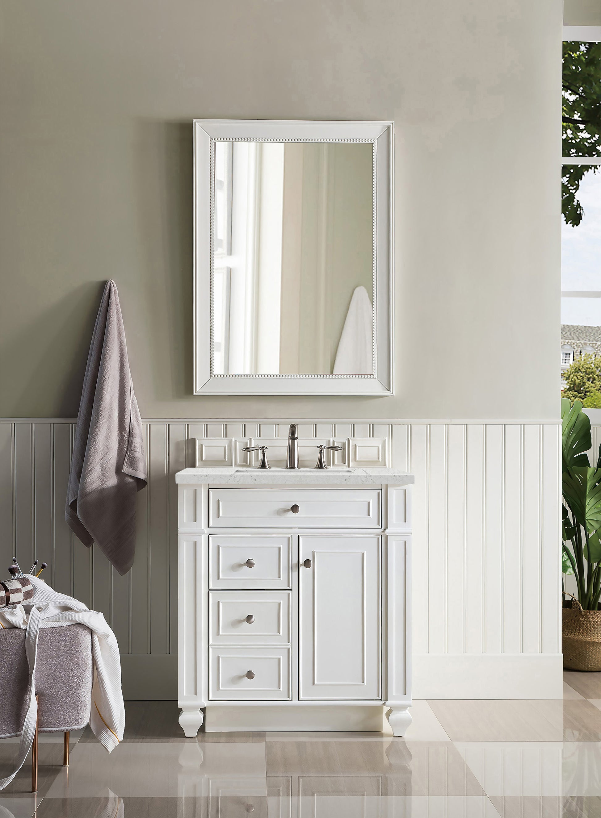 Bristol 30" Single Vanity, Bright White, w/ 3 CM Eternal Jasmine Pearl Quartz Top James Martin Vanities