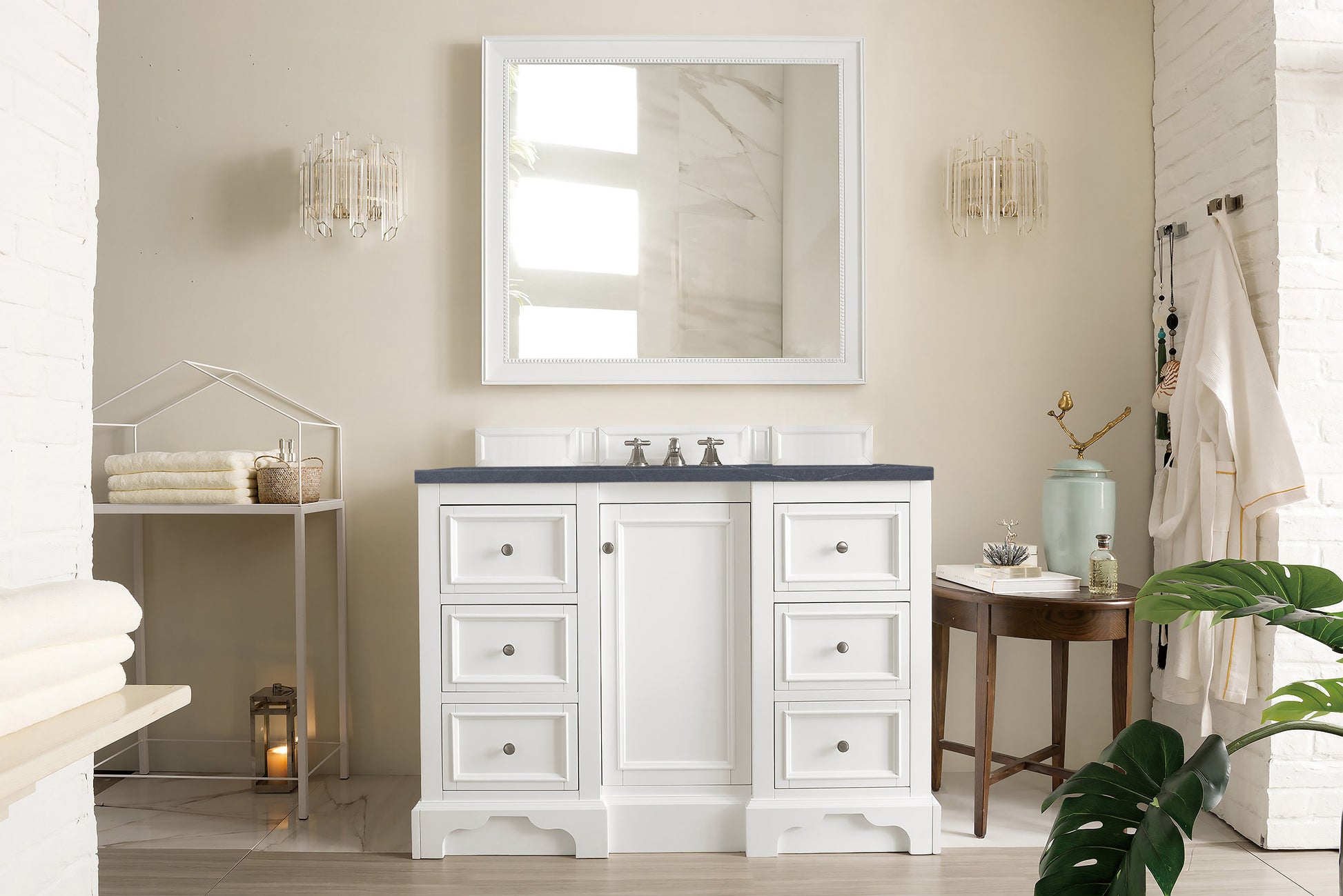 De Soto 48" Single Vanity, Bright White w/ 3 CM Charcoal Soapstone Quartz Top James Martin Vanities
