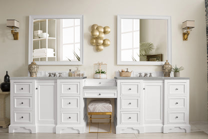 De Soto 118" Double Vanity Set, Bright White w/ Makeup Table, 3 CM Eternal Serena Quartz Top James Martin
