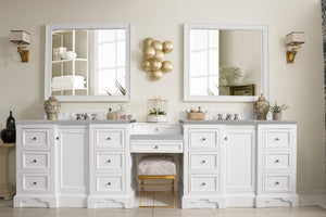 De Soto 118" Double Vanity Set, Bright White w/ Makeup Table, 3 CM Eternal Serena Quartz Top James Martin