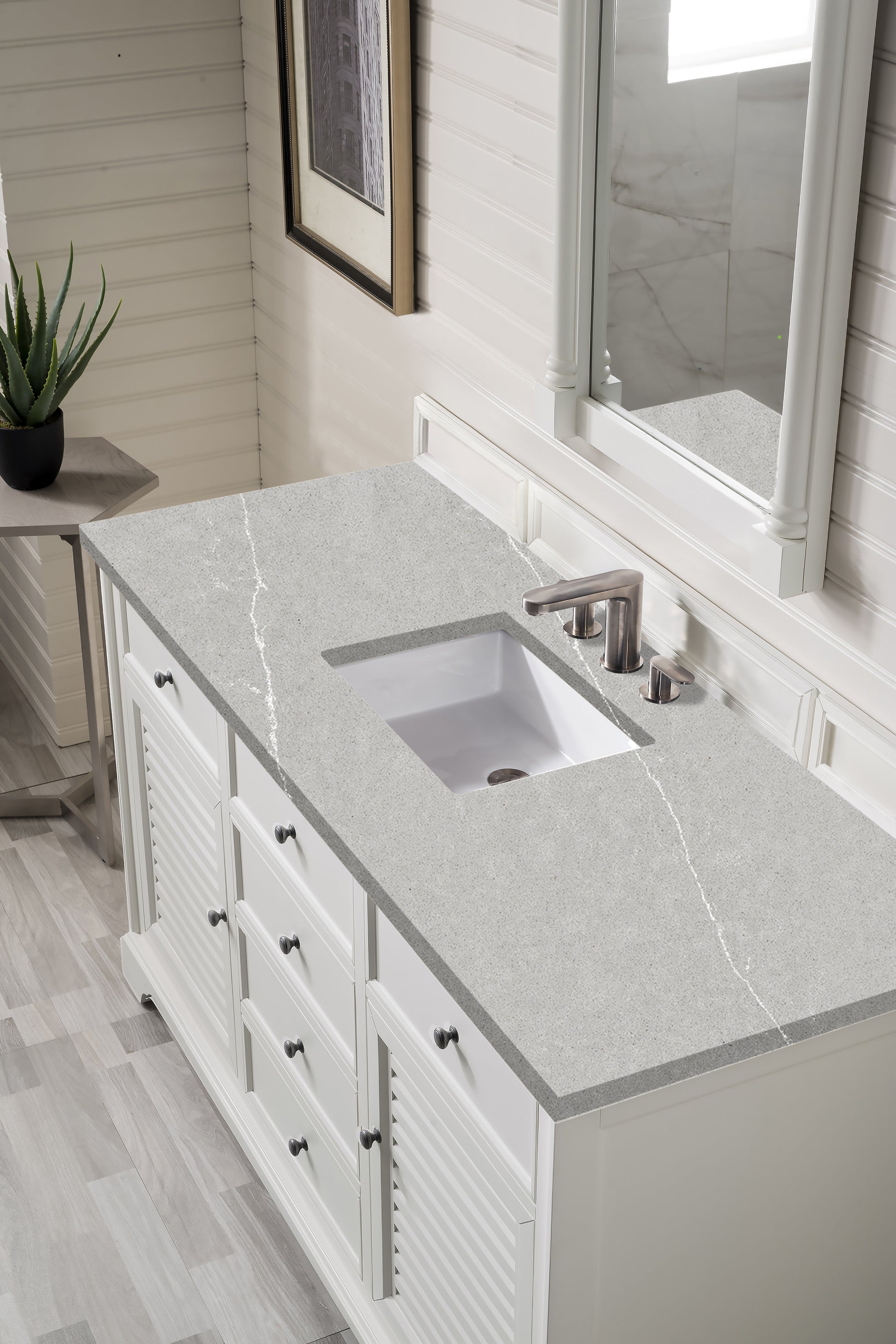 Providence 60" Single Vanity Cabinet, Bright White, w/ 3 CM Eternal Serena Quartz Top James Martin