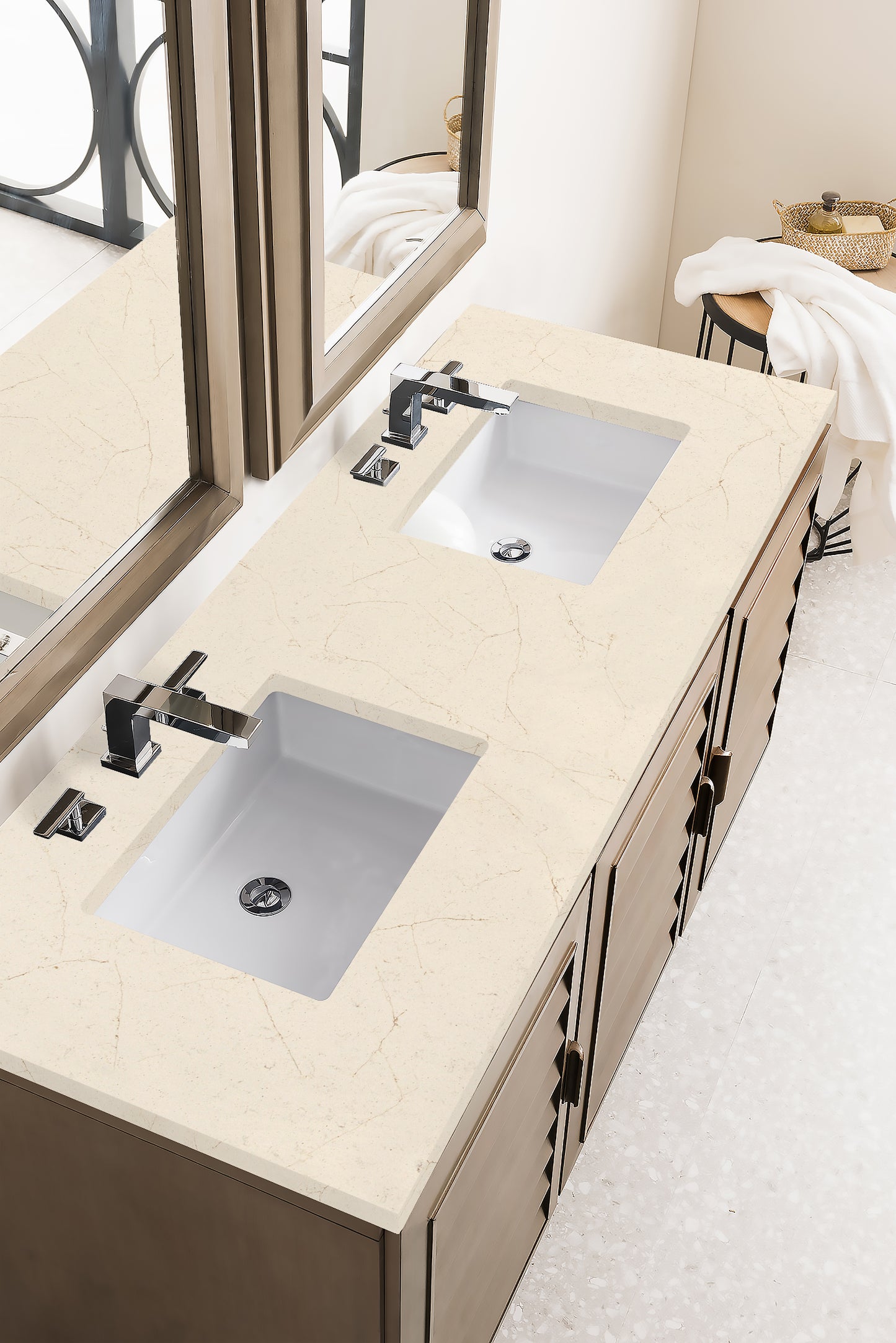 Portland 60" Double Vanity Whitewashed Walnut, w/ 3 CM Eternal Marfil Quartz Top James Martin Vanities