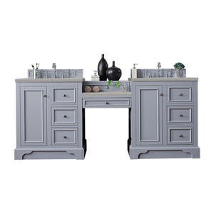 De Soto 82" Double Vanity Set, Silver Gray w/ Makeup Table, 3 CM Eternal Serena Quartz Top James Martin