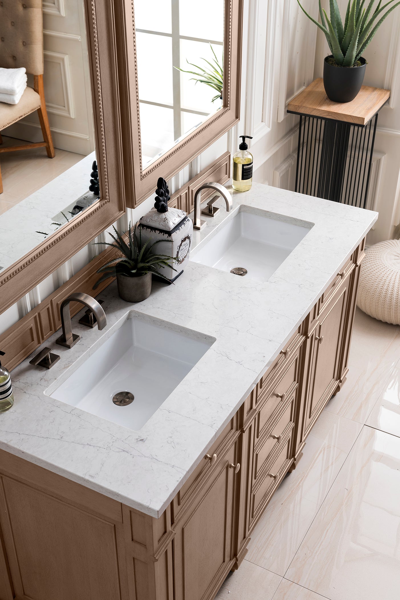 Bristol 60" Double Vanity, Whitewashed Walnut, w/ 3 CM Eternal Jasmine Pearl Quartz Top James Martin Vanities