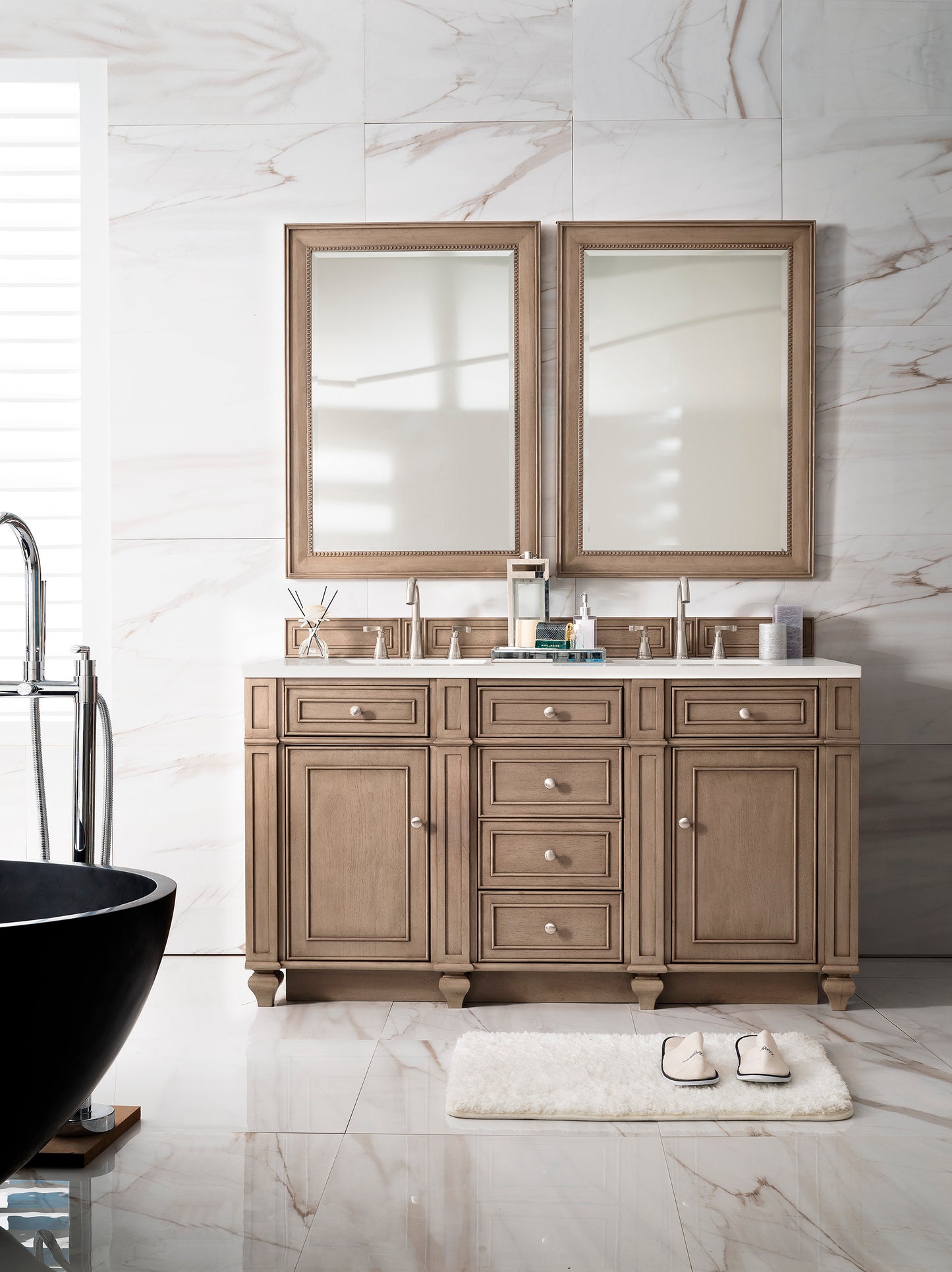 Bristol 60" Double Vanity, Whitewashed Walnut, w/ 3 CM Arctic Fall Solid Surface Top James Martin Vanities