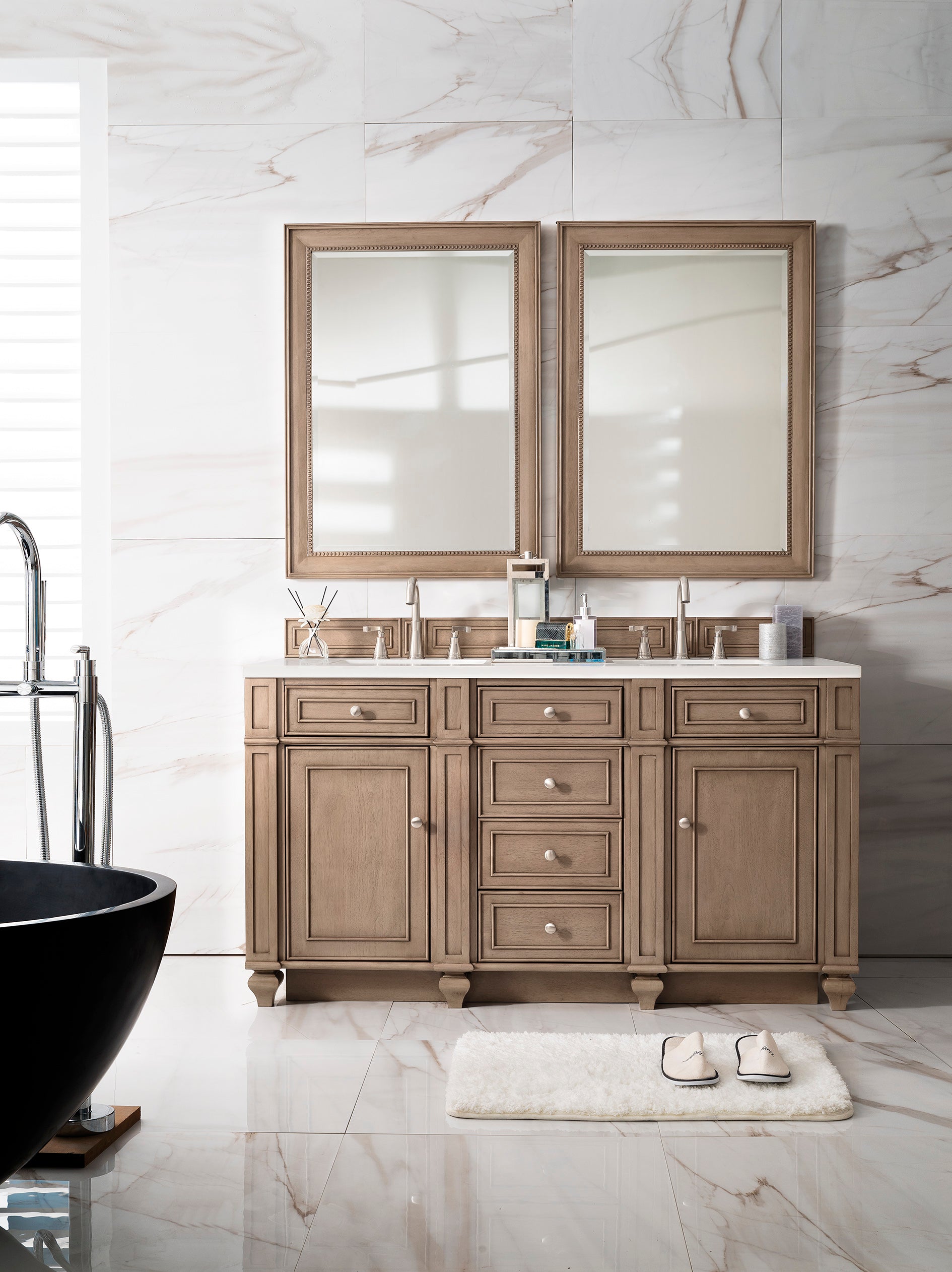 Bristol 60" Double Vanity, Whitewashed Walnut, w/ 3 CM Arctic Fall Solid Surface Top James Martin Vanities