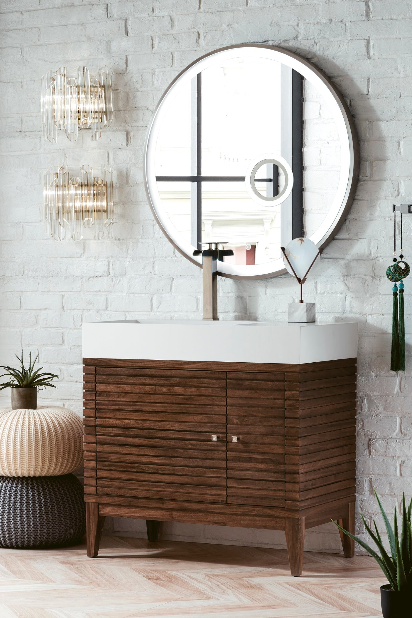 Linear 36" Single Vanity, Mid Century Walnut w/ Glossy White Composite Top James Martin Vanities