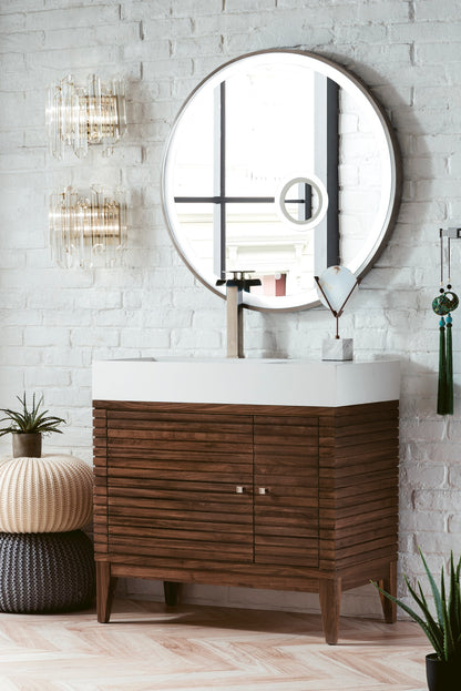Linear 36" Single Vanity, Mid Century Walnut w/ Glossy White Composite Top James Martin Vanities