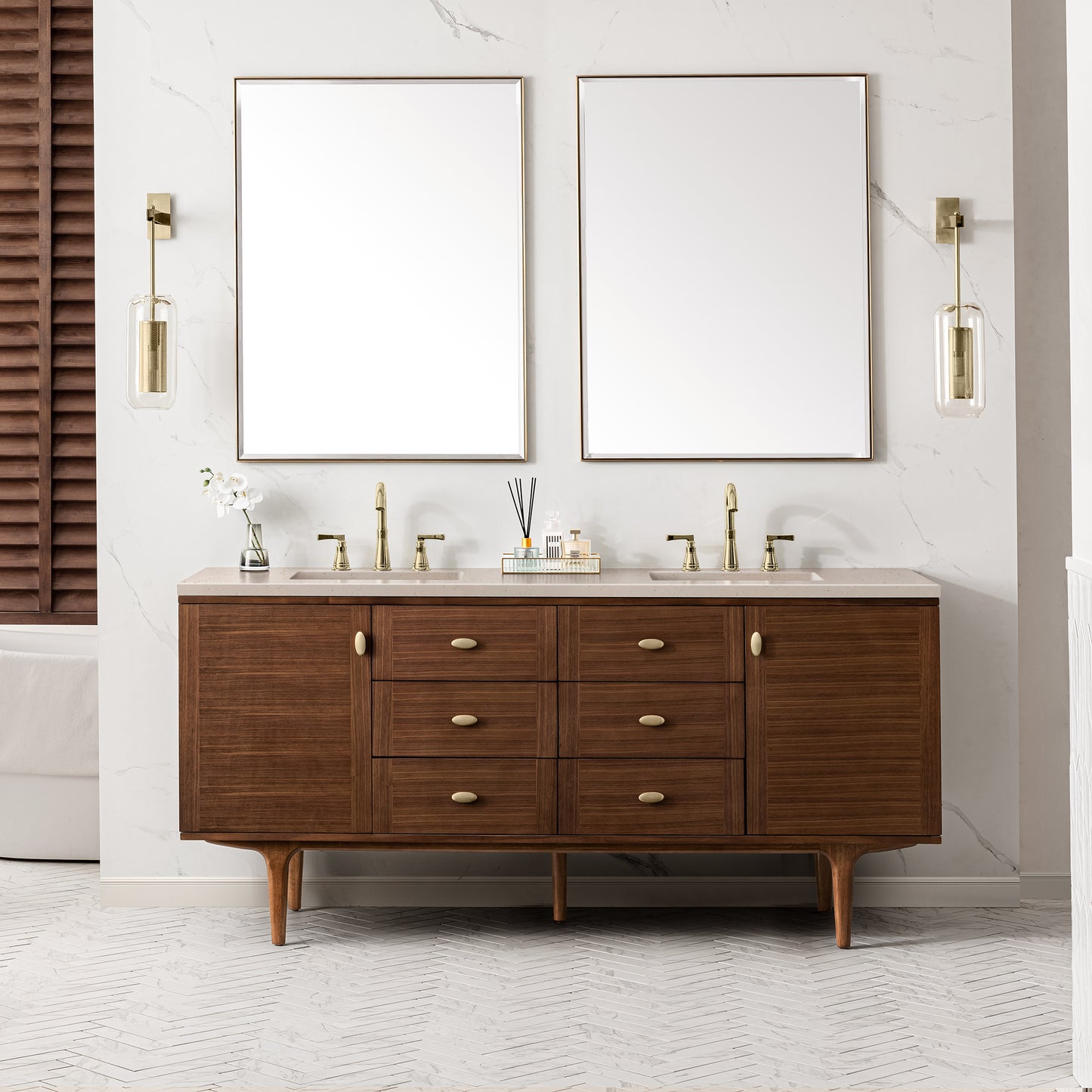 Amberly 72" Double Vanity, Mid-Century Walnut w/ 3CM Eternal Marfil Top James Martin Vanities