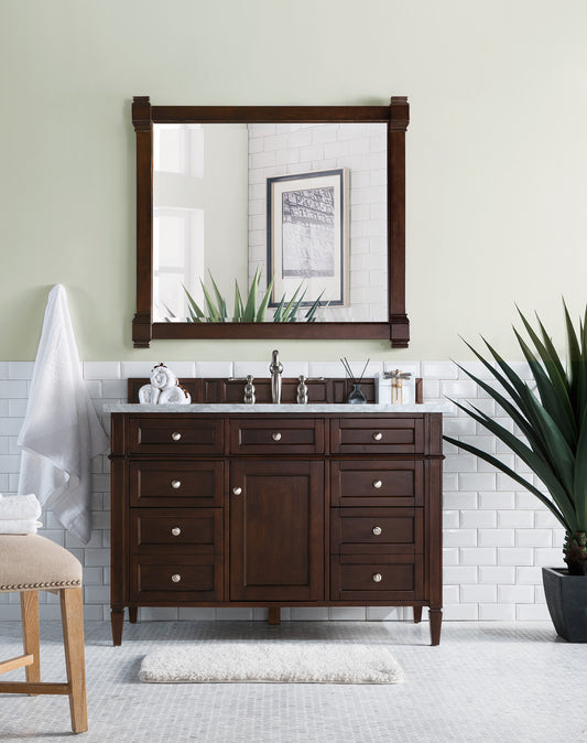 Brittany 48" Burnished Mahogany Single Vanity w/ 3 CM Carrara Marble Top James Martin Vanities