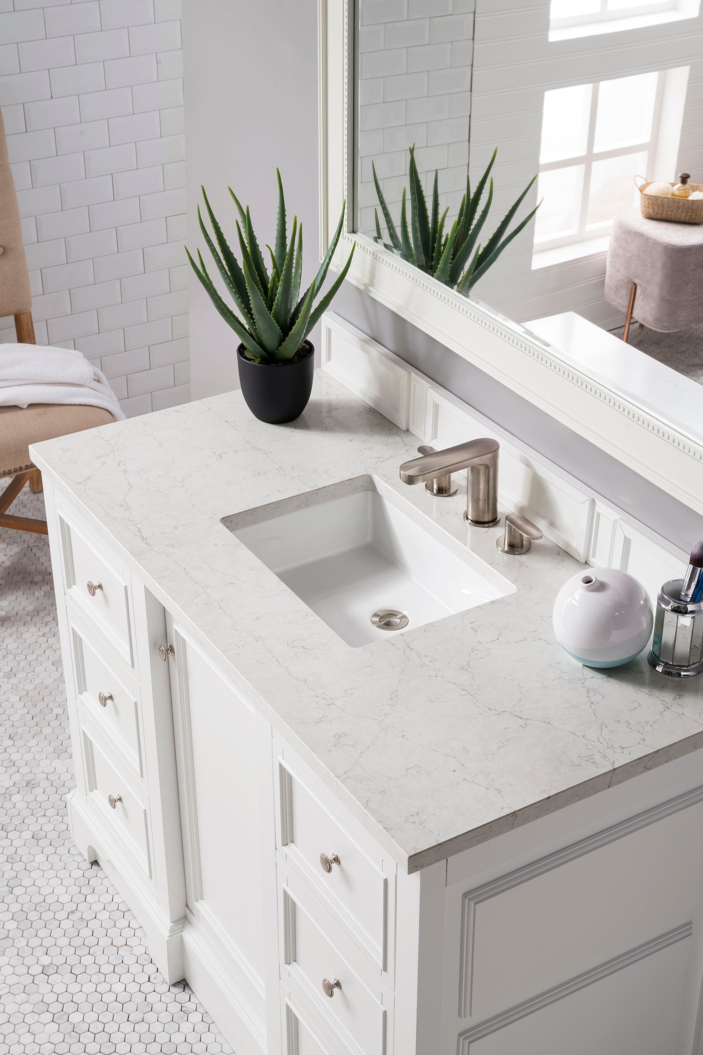 De Soto 48" Single Vanity, Bright White w/ 3 CM Eternal Jasmine Pearl Quartz Top James Martin Vanities