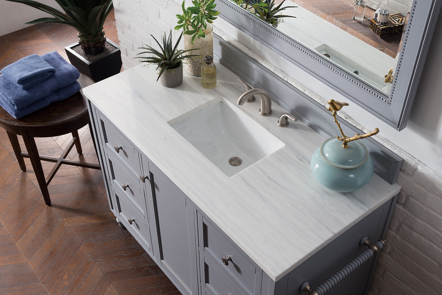 Copper Cove Encore 48" Single Vanity, Silver Gray w/ 3 CM Arctic Fall Solid Surface Top James Martin Vanities