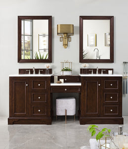 De Soto 82" Double Vanity Set, Burnished Mahogany w/ Makeup Table, 3 CM Classic White Quartz Top James Martin