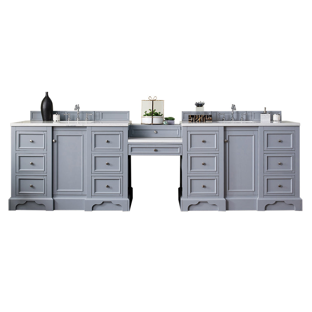 De Soto 118" Double Vanity Set, Silver Gray w/ Makeup Table, 3 CM Arctic Fall Solid Surface Top James Martin Vanities