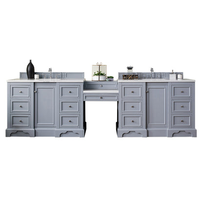 De Soto 118" Double Vanity Set, Silver Gray w/ Makeup Table, 3 CM Arctic Fall Solid Surface Top James Martin Vanities