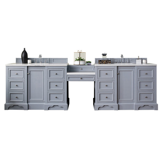 De Soto 118" Double Vanity Set, Silver Gray w/ Makeup Table, 3 CM Arctic Fall Solid Surface Top James Martin Vanities