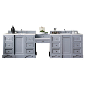 De Soto 118" Double Vanity Set, Silver Gray w/ Makeup Table, 3 CM White Zeus Quartz Top James Martin Vanities