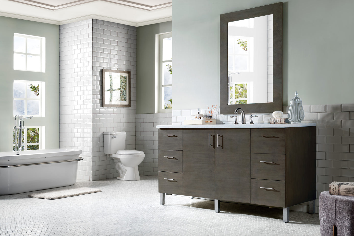 Metropolitan 60" Silver Oak Single Vanity w/ 3 CM Arctic Fall Solid Surface Top James Martin Vanities