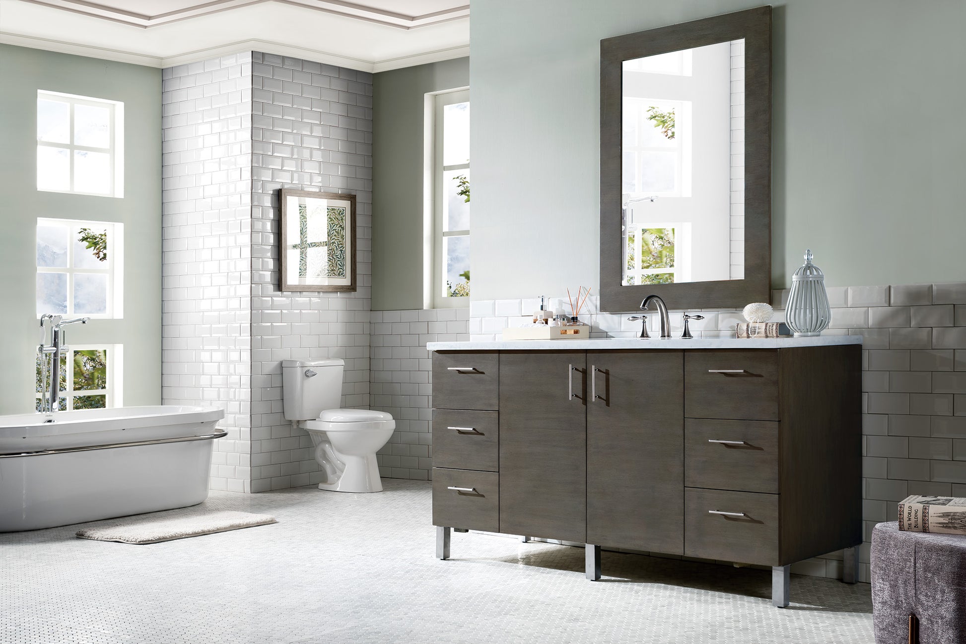 Metropolitan 60" Silver Oak Single Vanity w/ 3 CM Arctic Fall Solid Surface Top James Martin Vanities