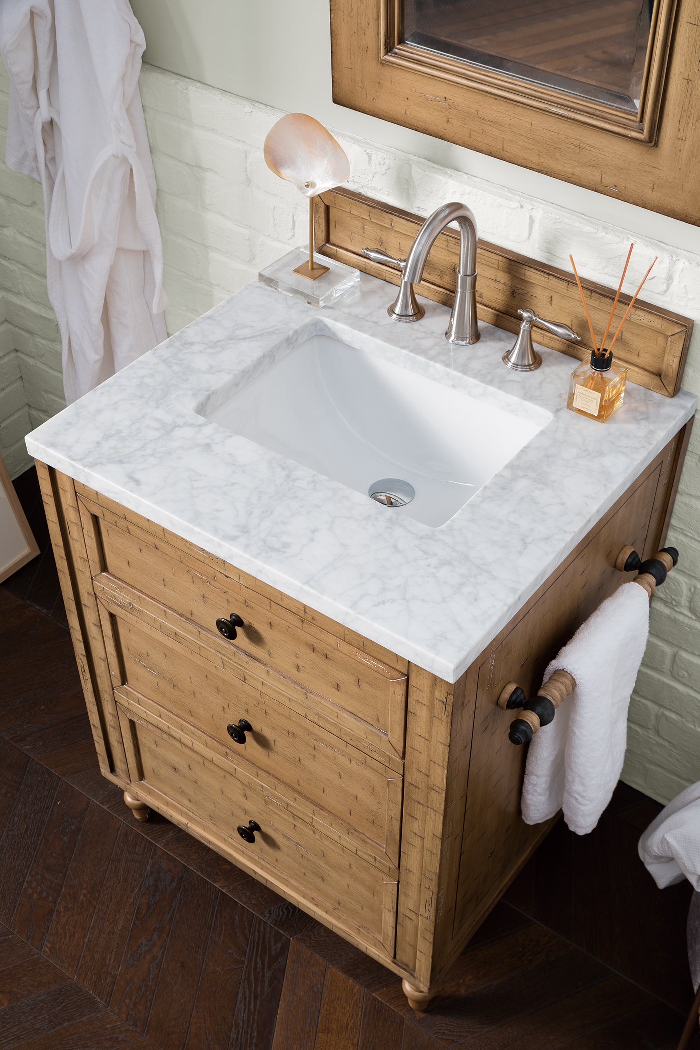 Copper Cove 26" Driftwood Patina Single Vanity w/ 3 CM Carrara Marble Top James Martin