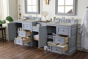 De Soto 94" Double Vanity Set, Silver Gray w/ Makeup Table, 3 CM Eternal Serena Quartz Top James Martin