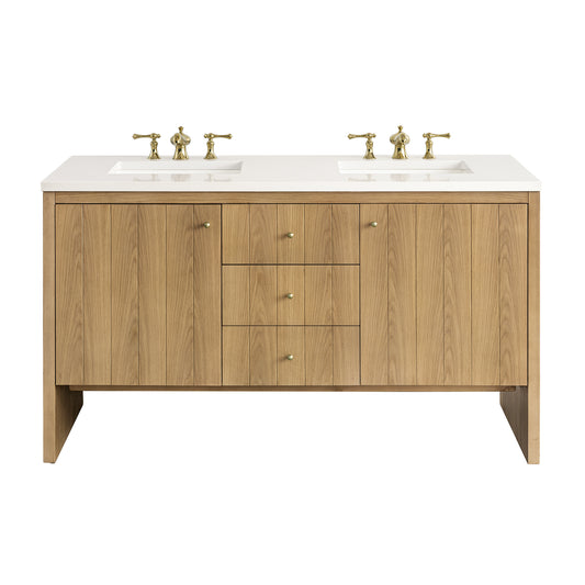 Hudson 60" Double Vanity, Light Natural Oak w/ 3CM White Zeus Top James Martin Vanities