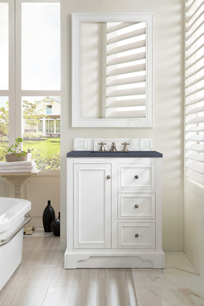 De Soto 30" Single Vanity, Bright White w/ 3 CM Charcoal Soapstone Quartz Top James Martin Vanities