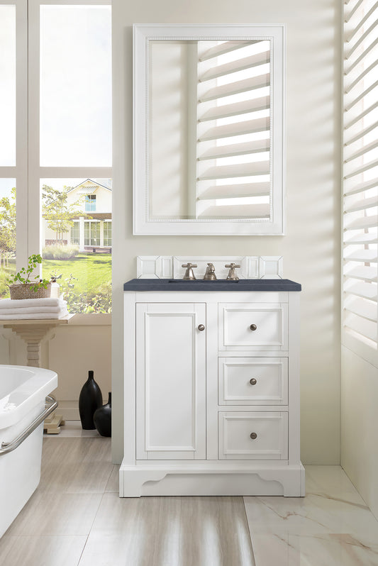 De Soto 30" Single Vanity, Bright White w/ 3 CM Charcoal Soapstone Quartz Top James Martin Vanities