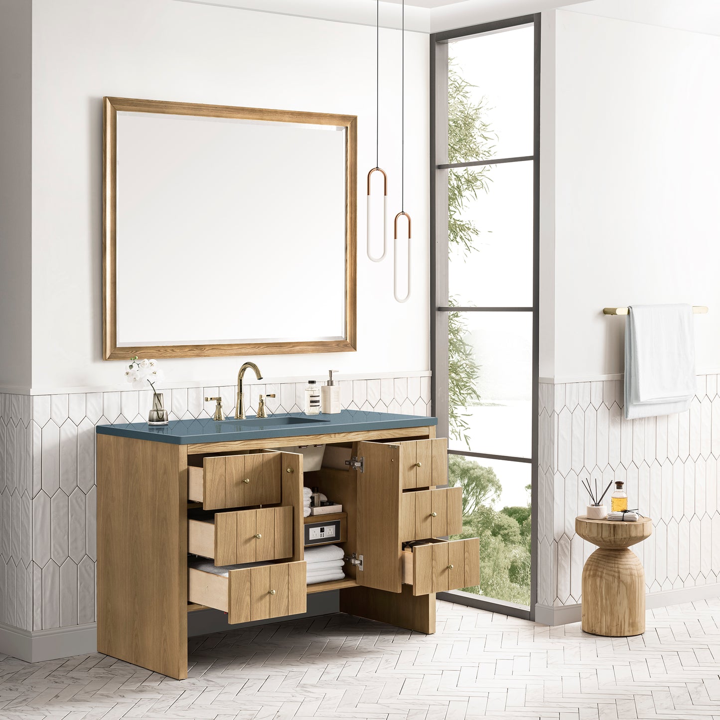 Hudson 48" Single Vanity, Light Natural Oak w/ 3CM Cala Blue Top James Martin Vanities