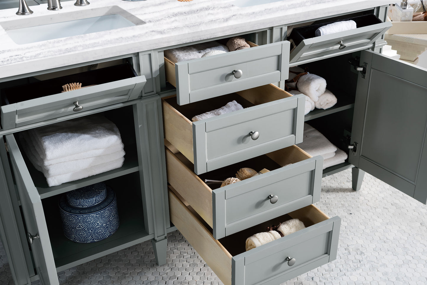 Bathroom Vanities Outlet Atlanta Renovate for LessBrittany 60" Urban Gray Double Vanity w/ 3 CM Arctic Fall Solid Surface Top