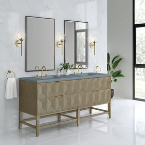 Emmeline 72" Double Vanity, Pebble Oak w/ 3CM Cala Blue Top James Martin Vanities