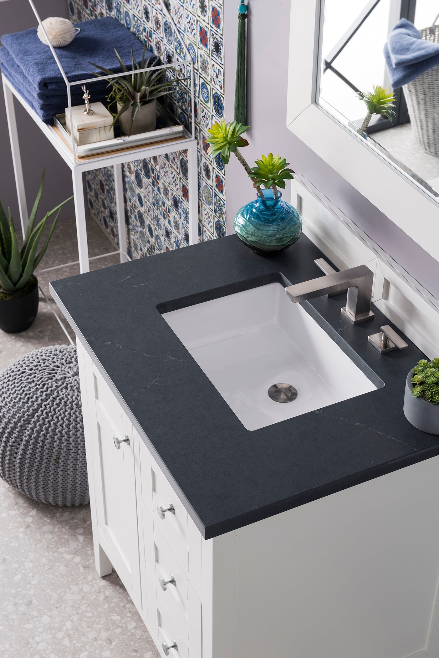 Palisades 30" Single Vanity, Bright White, w/ 3 CM Charcoal Soapstone Quartz Top James Martin Vanities