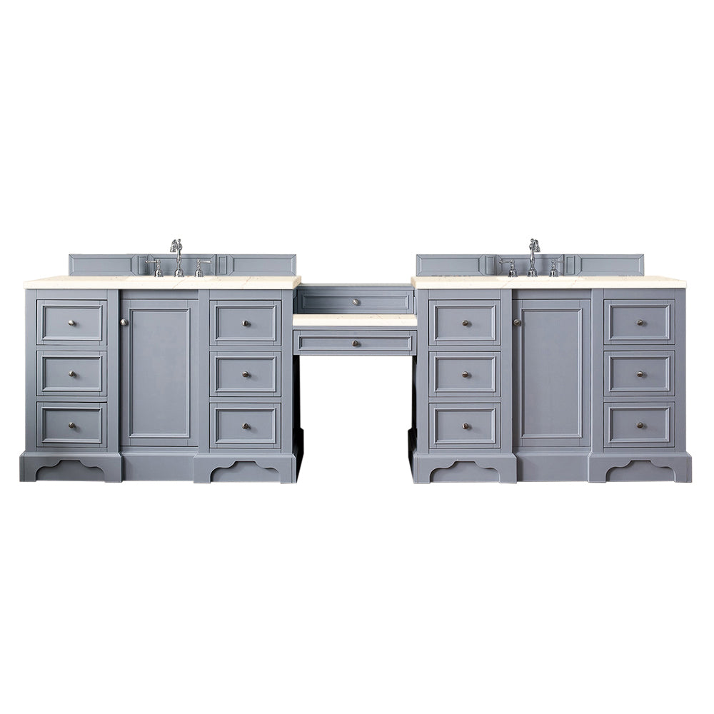 De Soto 118" Double Vanity Set, Silver Gray w/ Makeup Table, 3 CM Eternal Marfil Quartz Top James Martin