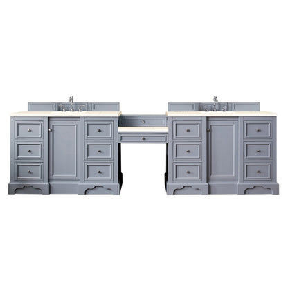 De Soto 118" Double Vanity Set, Silver Gray w/ Makeup Table, 3 CM Eternal Marfil Quartz Top James Martin