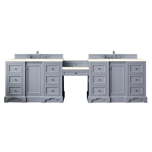 De Soto 118" Double Vanity Set, Silver Gray w/ Makeup Table, 3 CM Eternal Marfil Quartz Top James Martin