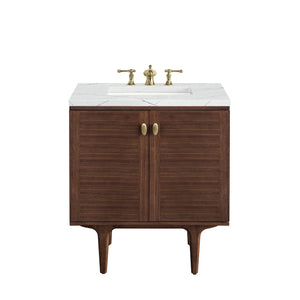 Amberly 30" Single Vanity, Mid-Century Walnut w/ 3CM Ethereal Noctis Top James Martin Vanities