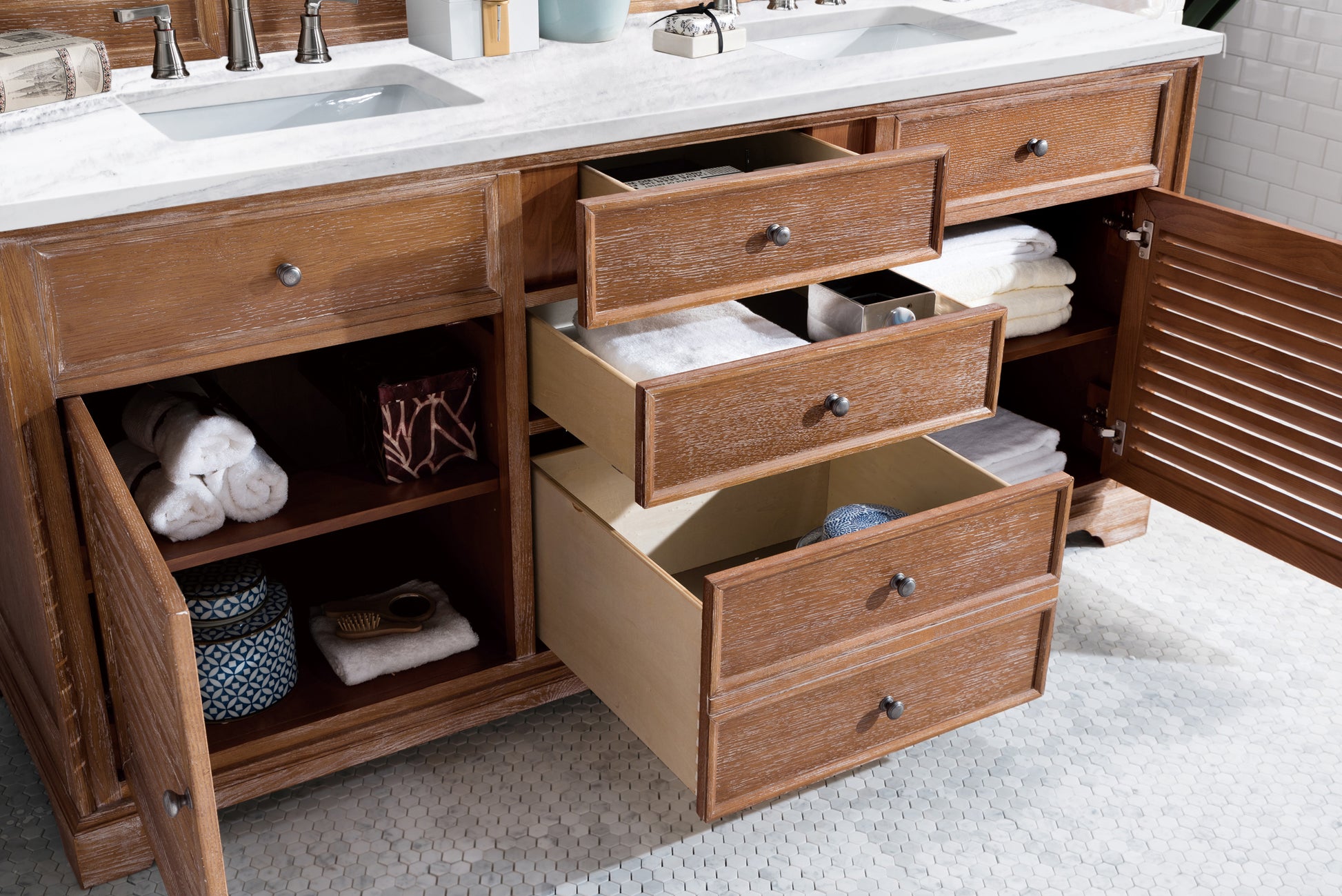 Bathroom Vanities Outlet Atlanta Renovate for LessSavannah 72" Driftwood Double Vanity w/ 3 CM Arctic Fall Solid Surface Top