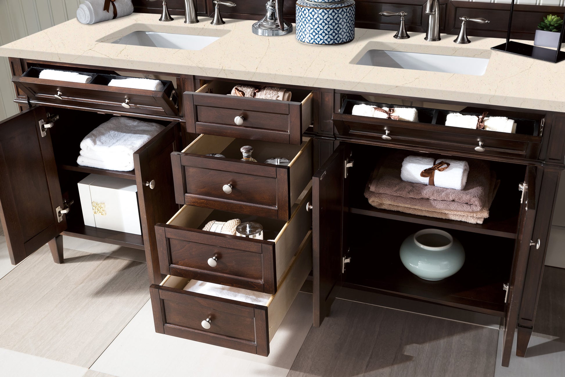 Brittany 72" Burnished Mahogany Double Vanity w/ 3 CM Eternal Marfil Quartz Top James Martin Vanities
