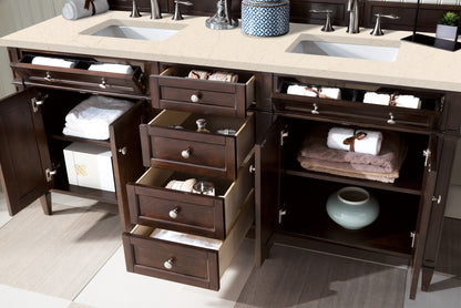 Brittany 72" Burnished Mahogany Double Vanity w/ 3 CM Eternal Marfil Quartz Top James Martin Vanities