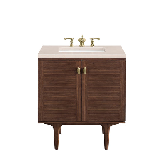 Amberly 30" Single Vanity, Mid-Century Walnut w/ 3CM Eternal Marfil Top James Martin Vanities