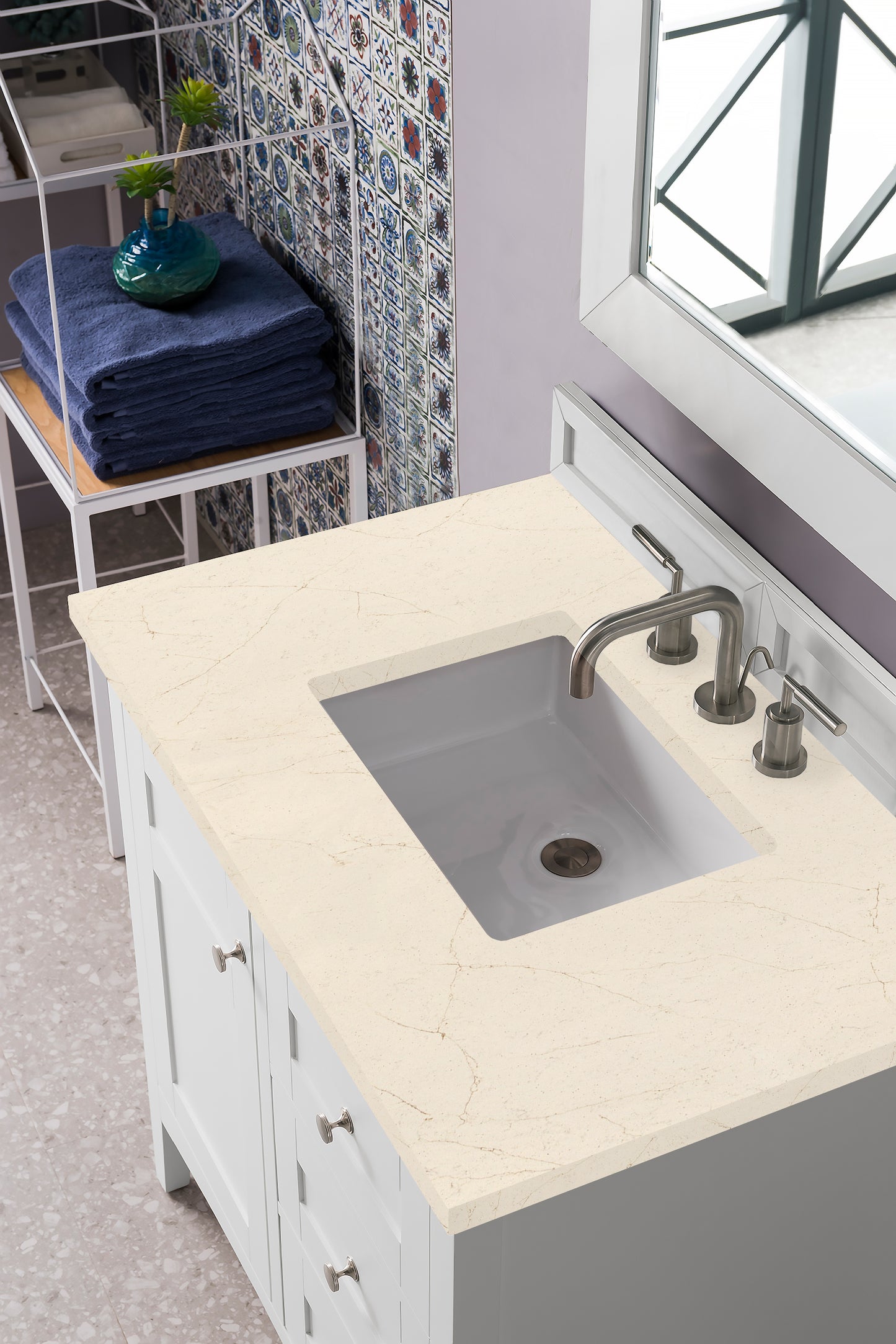 Palisades 36" Single Vanity, Bright White, w/ 3 CM Eternal Marfil Quartz Top James Martin Vanities