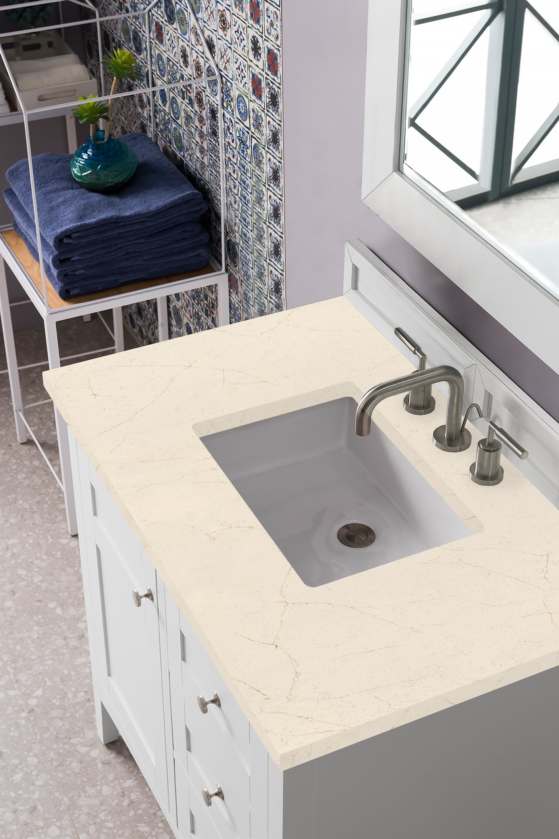 Palisades 36" Single Vanity, Bright White, w/ 3 CM Eternal Marfil Quartz Top James Martin Vanities