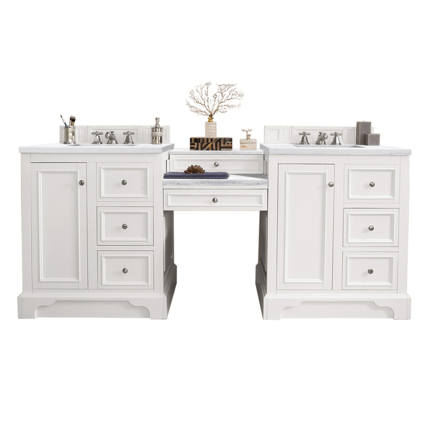 De Soto 82" Double Vanity Set, Bright White w/ Makeup Table, 3 CM Arctic Fall Solid Surface Top James Martin Vanities