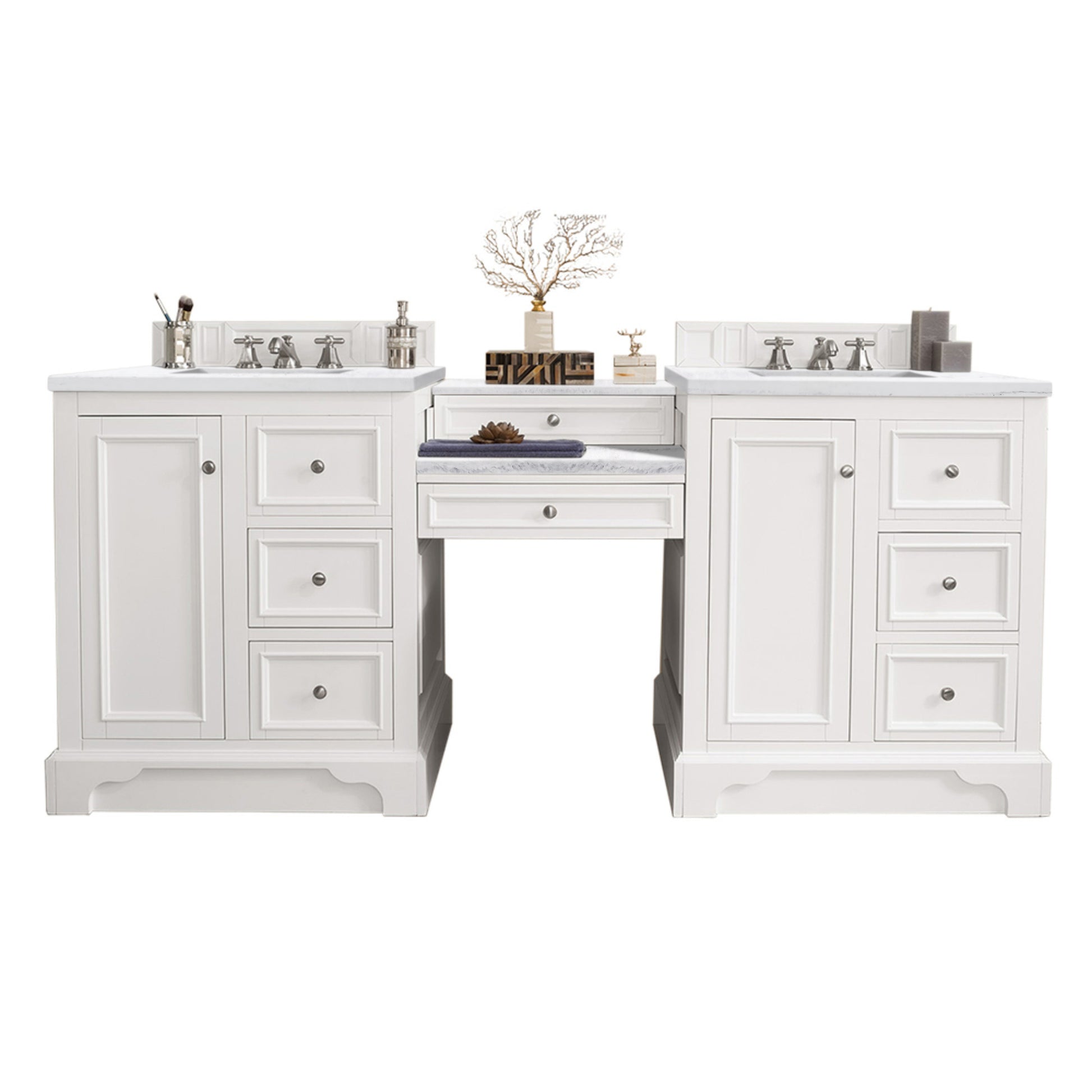 De Soto 82" Double Vanity Set, Bright White w/ Makeup Table, 3 CM Arctic Fall Solid Surface Top James Martin Vanities
